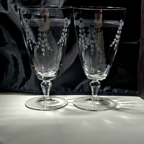 2 Art Deco Kusak Ice Tea Glasses 6.5" handcut flowers lines cut glass handblown - Picture 2 of 6